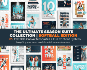 Softball Canva templates bundle with editable game day, player spotlight, recruiting, and team social media graphics